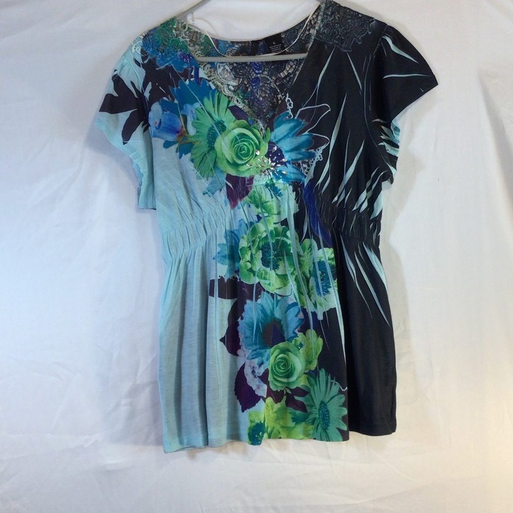 New Directions XL Floral Boho Tunic Top Abstract Print Short Sleeve Artsy Blouse